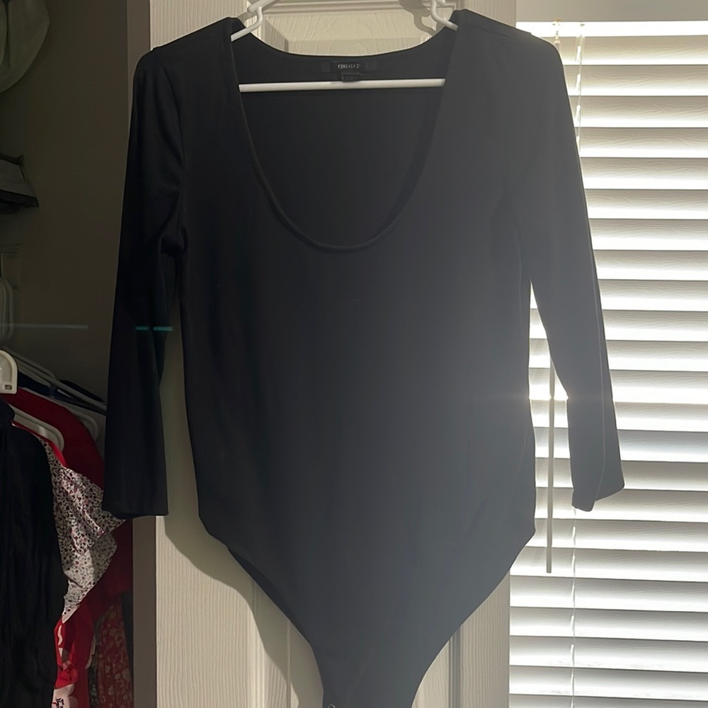 Black Forever 21 3/4 Sleeve Bodysuit